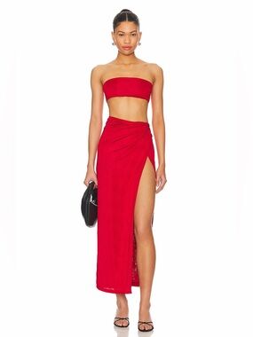 Superdown Revolve Karolyna Red 2 Piece Bandeau Slit Maxi Skirt Set Small NWT